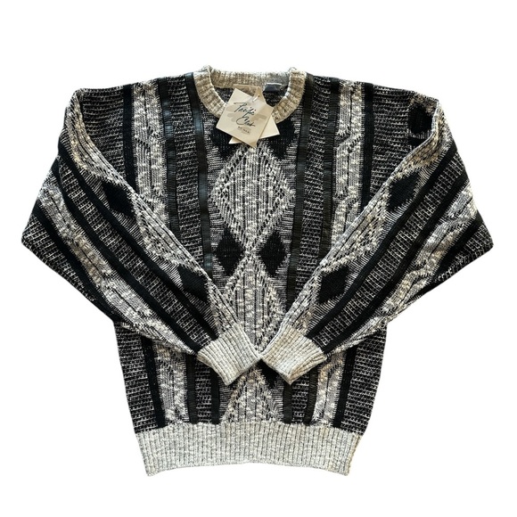 Vintage 1980s Leather Trim Chunky Knit Black and gray Crewneck Sweater size M - Picture 7 of 11